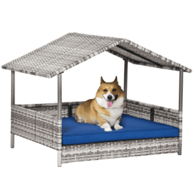 The Rattan Dog House Outdoors With A Canopy, The Rattan Dog Bed With A Waterproof Mat Is Suitable For Small And Medium Sized Dogs (Option: Rattan Dog House)